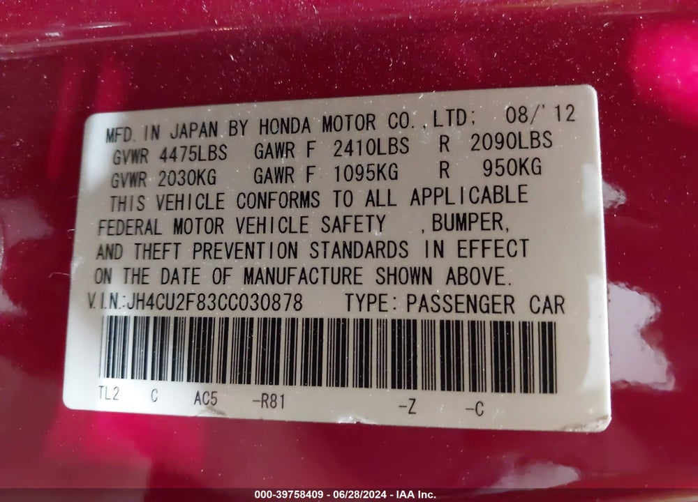 2012 ACURA TSX 2.4 VIN: JH4CU2F83CC030878