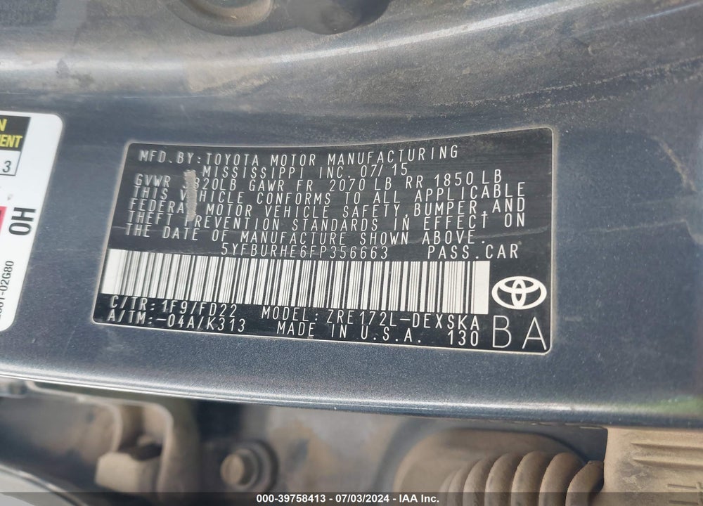2015 TOYOTA COROLLA S PLUS VIN: 5YFBURHE6FP356663