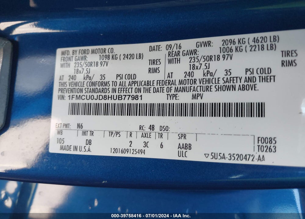 2017 FORD ESCAPE VIN: 1FMCU0JD8HUB77981