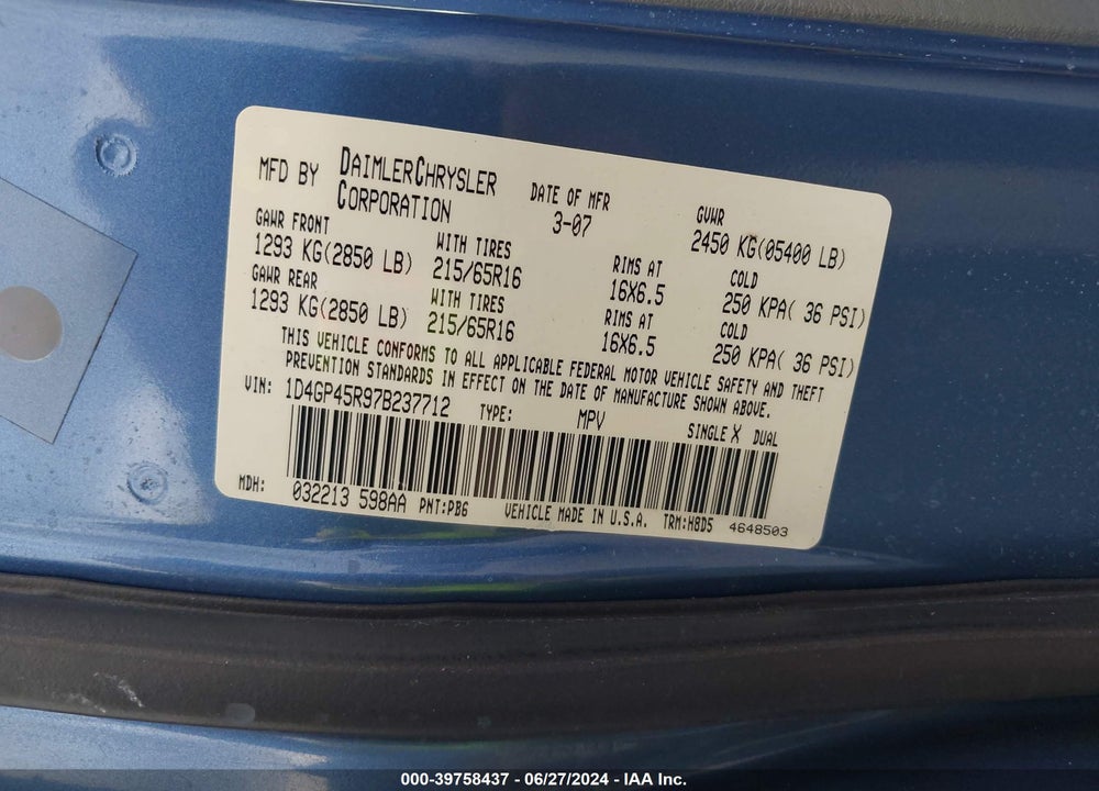 2007 DODGE CARAVAN SXT VIN: 1D4GP45R97B237712
