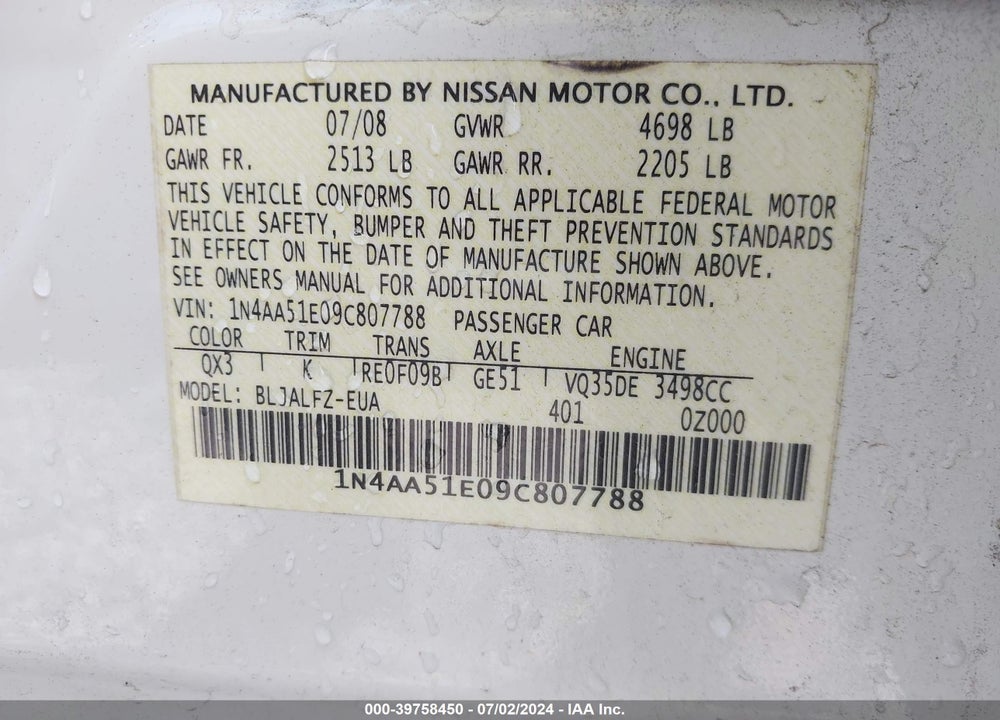 2009 NISSAN MAXIMA 3.5 SV VIN: 1N4AA51E09C807788