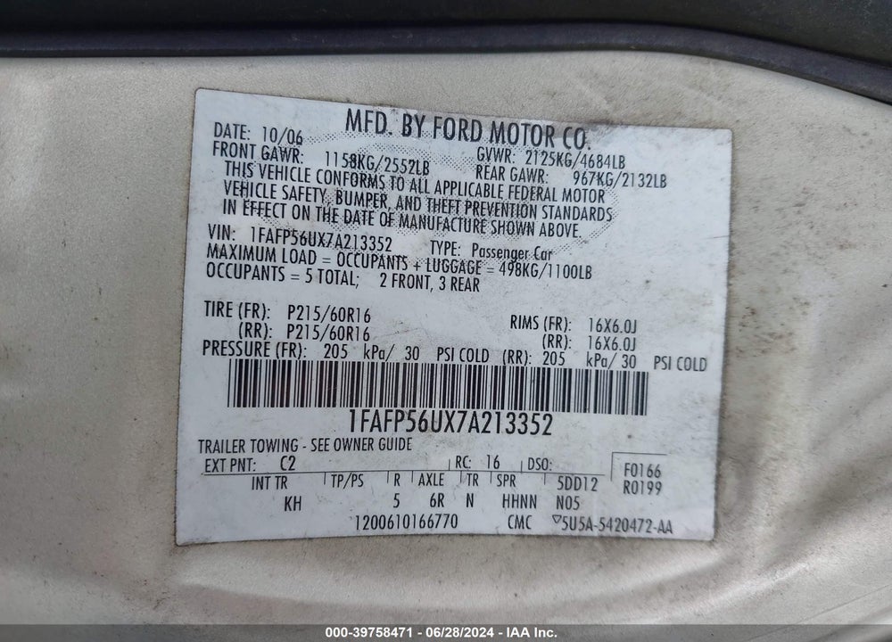 2007 FORD TAURUS SEL VIN: 1FAFP56UX7A213352