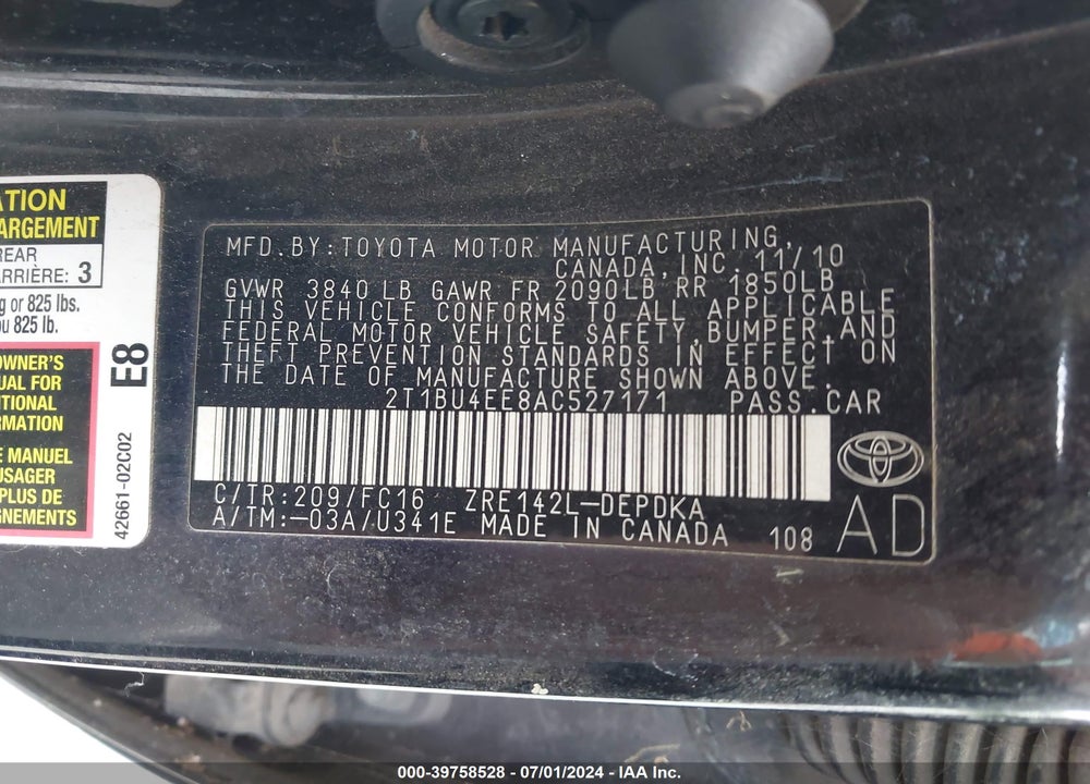 2010 TOYOTA COROLLA LE VIN: 2T1BU4EE8AC527171