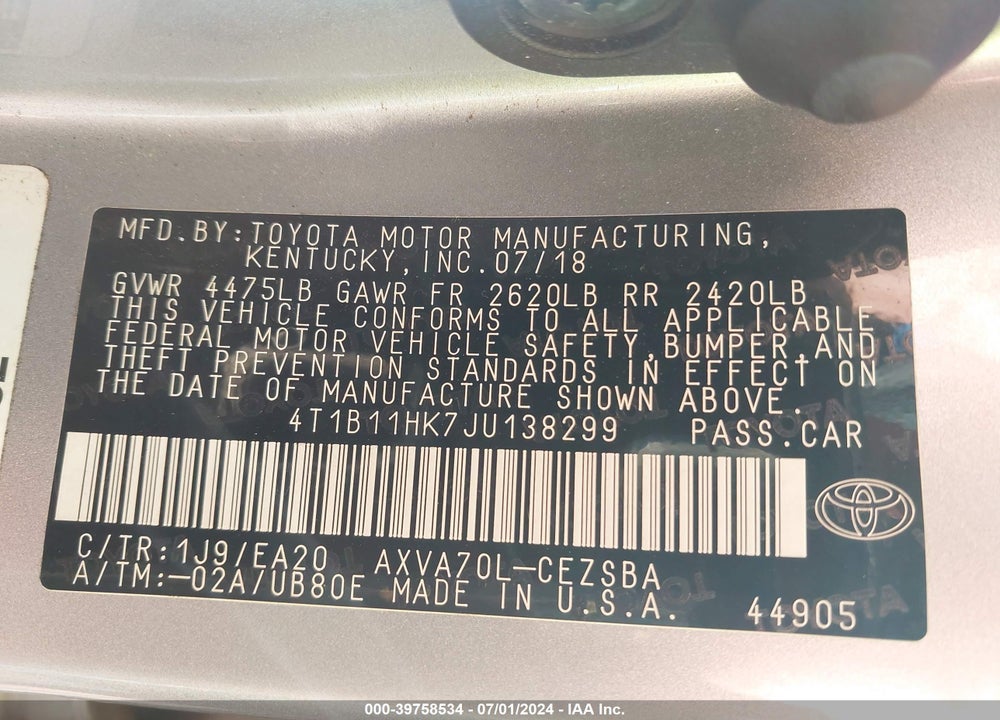 2018 TOYOTA CAMRY SE VIN: 4T1B11HK7JU138299