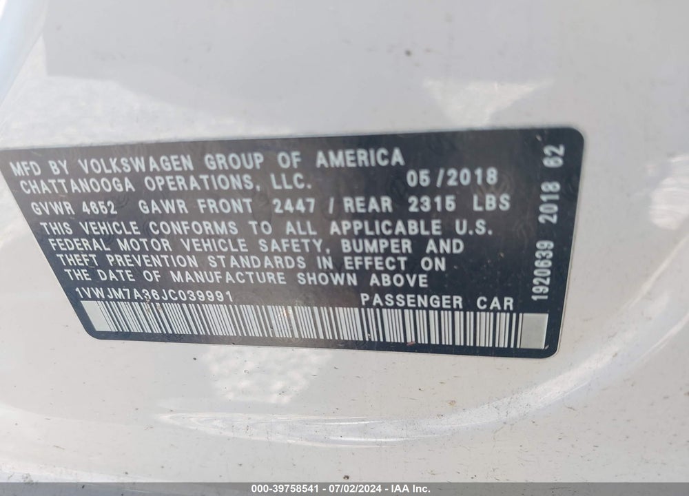 2018 VOLKSWAGEN PASSAT 3.6L V6 GT VIN: 1VWJM7A36JC039991