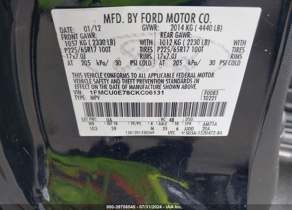2012 FORD ESCAPE LIMITED VIN: 1FMCU0E78CKC06131
