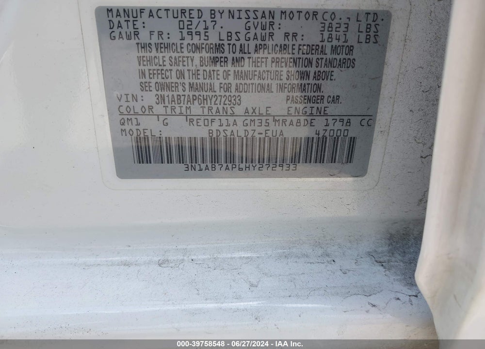 2017 NISSAN SENTRA SV VIN: 3N1AB7AP6HY272933