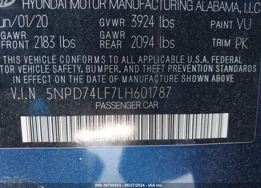 2020 HYUNDAI ELANTRA SE VIN: 5NPD74LF7LH601787