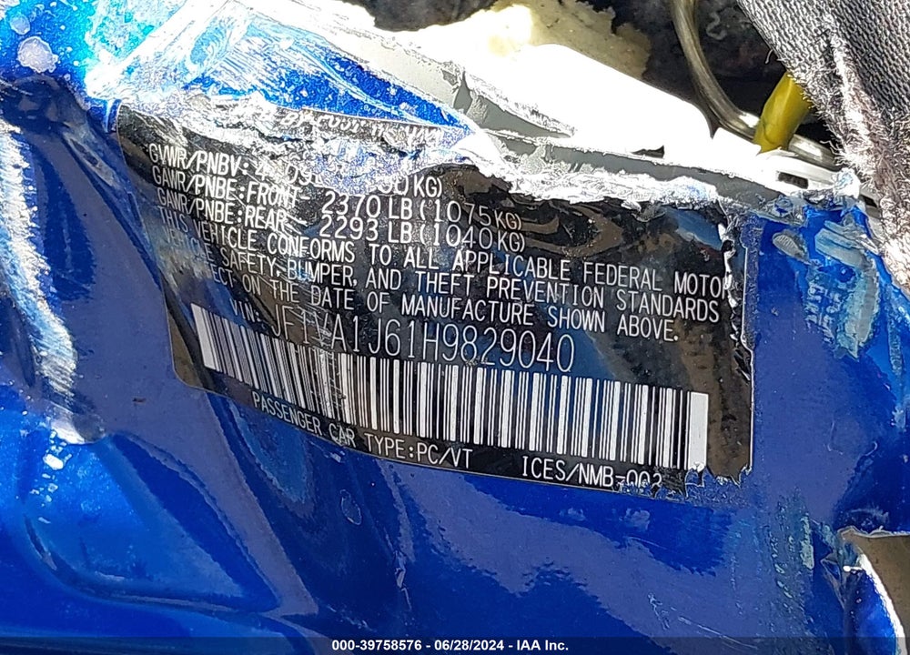 2017 SUBARU WRX LIMITED VIN: JF1VA1J61H9829040