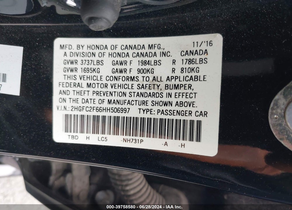 2017 HONDA CIVIC LX VIN: 2HGFC2F66HH506997