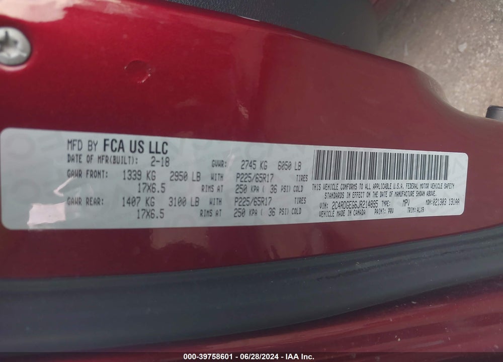 2018 DODGE GRAND CARAVAN GT VIN: 2C4RDGEG6JR214895