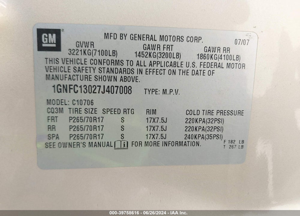 2007 CHEVROLET TAHOE LS VIN: 1GNFC13027J407008