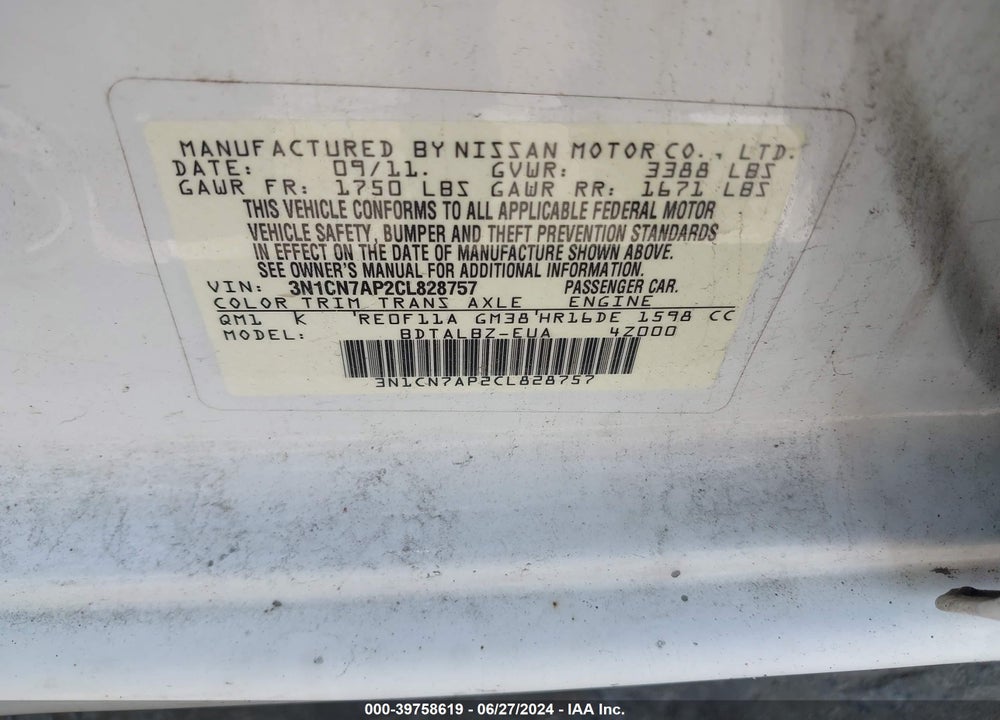 2012 NISSAN VERSA 1.6 SV VIN: 3N1CN7AP2CL828757