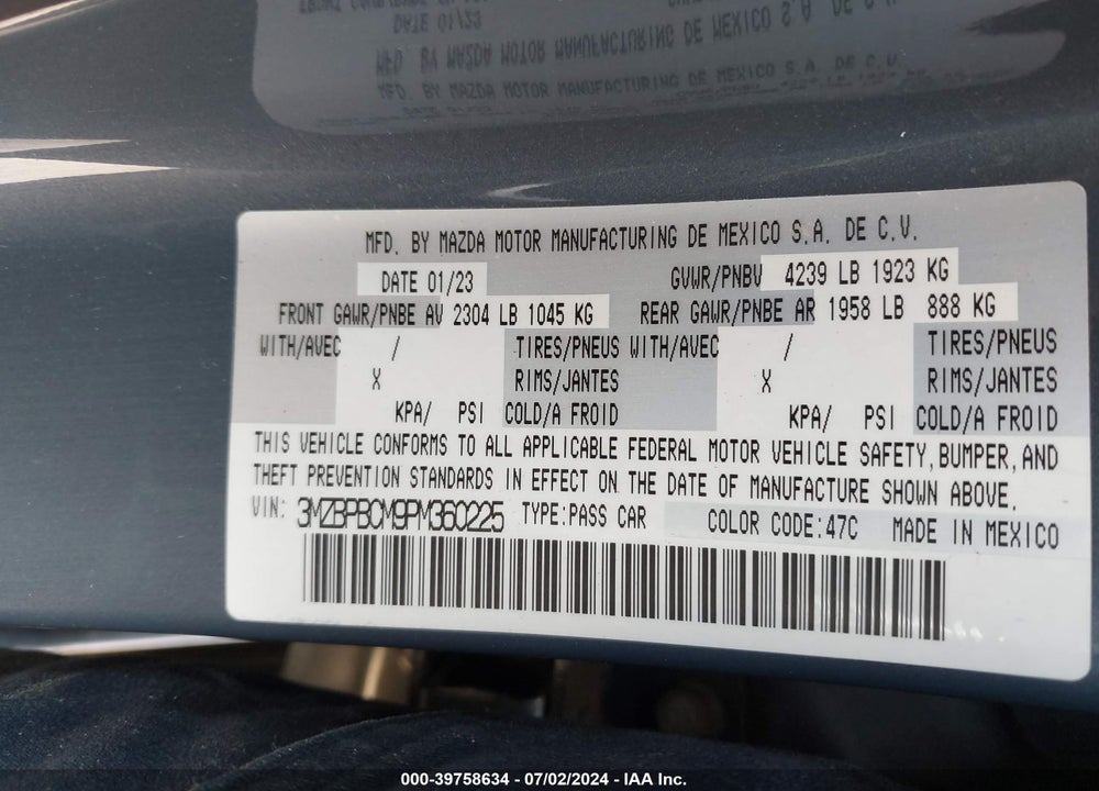 2023 MAZDA 3 2.5 S CARBON EDITION VIN: 3MZBPBCM9PM360225