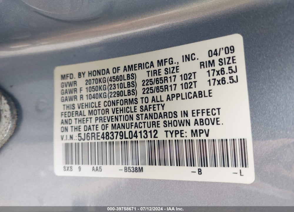 2009 HONDA CR-V LX VIN: 5J6RE48379L041312