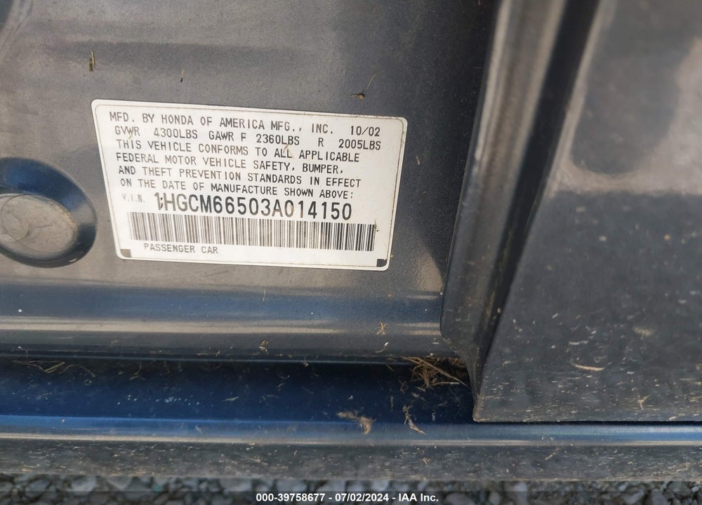 2003 HONDA ACCORD 3.0 EX VIN: 1HGCM66503A014150