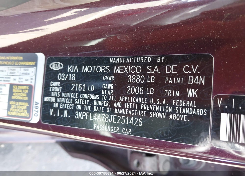 2018 KIA FORTE VIN: 3KPFL4A78JE251426