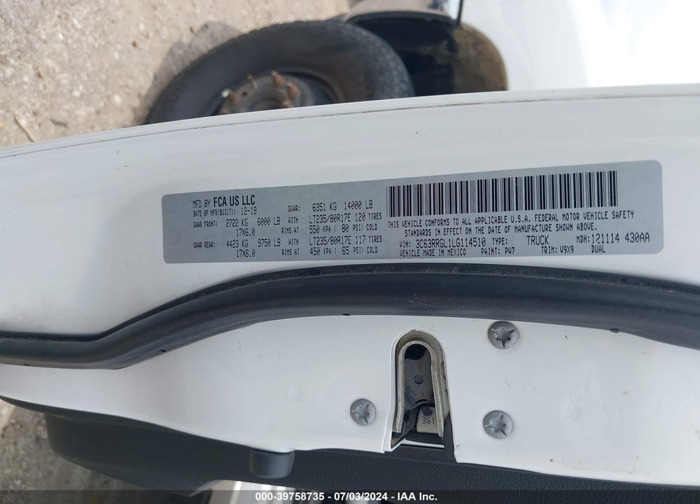 2020 RAM 3500 TRADESMAN  4X4 8' BOX VIN: 3C63RRGL1LG114510