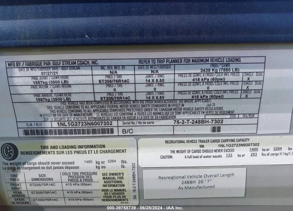 2022 GULFSTREAM KINGSPORT 248 VIN: 1NL1G2723N6007302