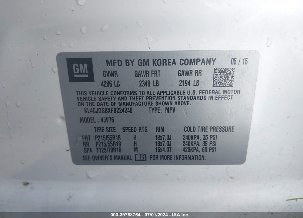 2015 BUICK ENCORE PREMIUM VIN: KL4CJDSBXFB224240