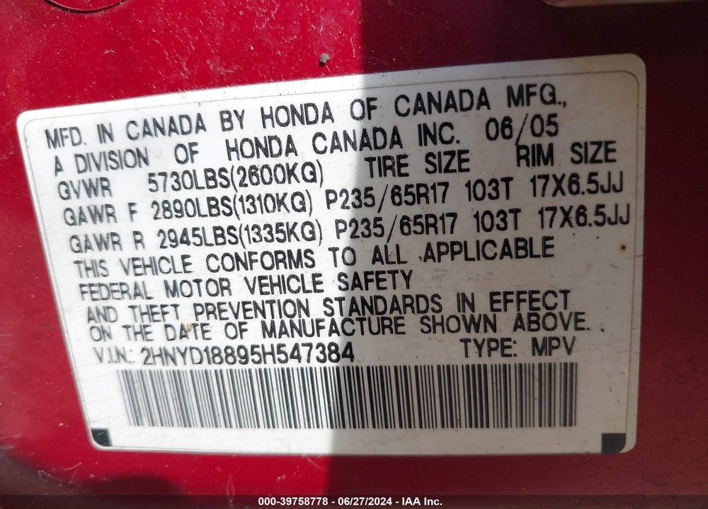 2005 ACURA MDX VIN: 2HNYD18895H547384