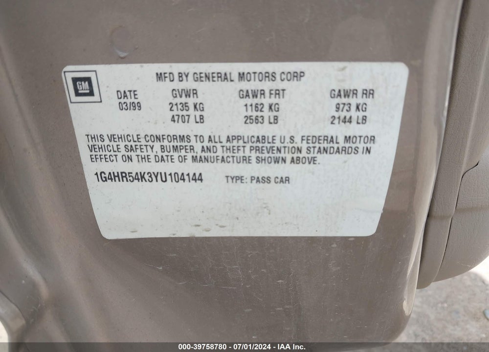 2000 BUICK LESABRE LIMITED VIN: 1G4HR54K3YU104144