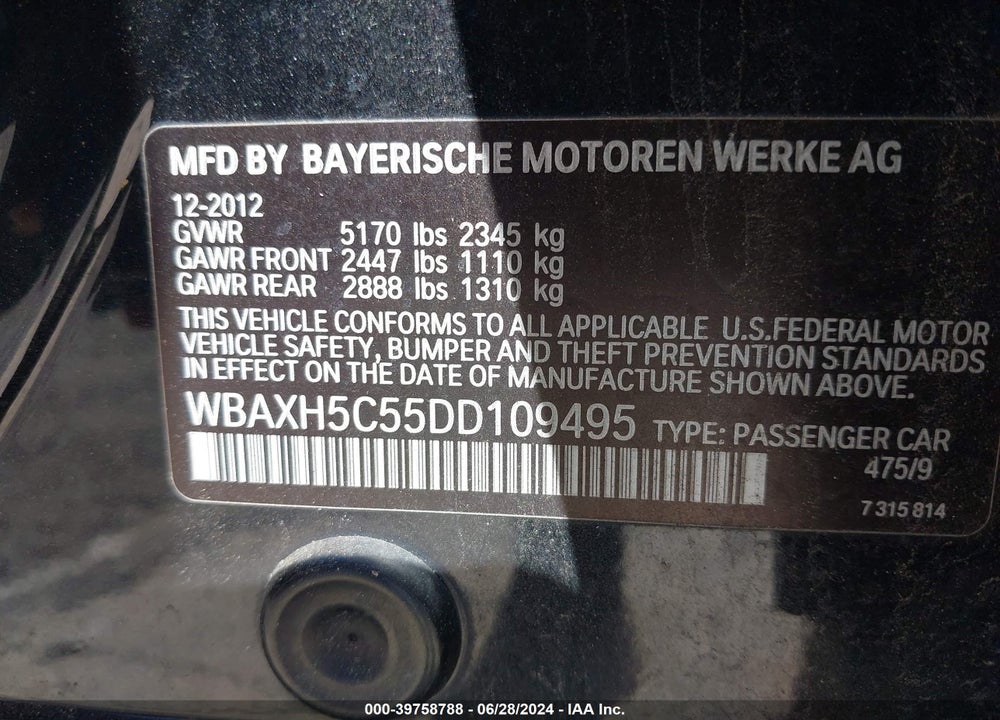 2013 BMW 528I XDRIVE VIN: WBAXH5C55DD109495