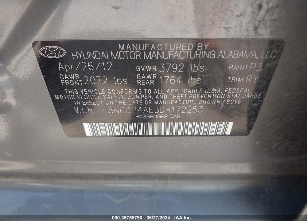 2013 HYUNDAI ELANTRA LIMITED VIN: 5NPDH4AE3DH172253