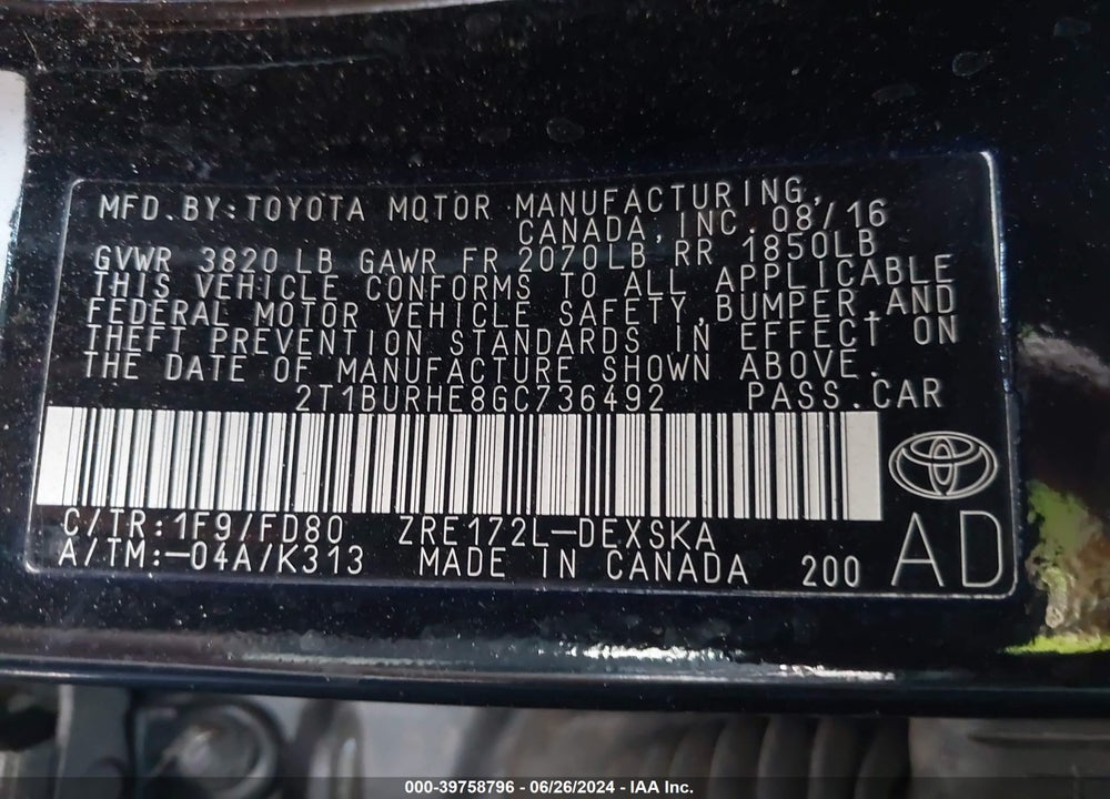 2016 TOYOTA COROLLA VIN: 2T1BURHE8GC736492