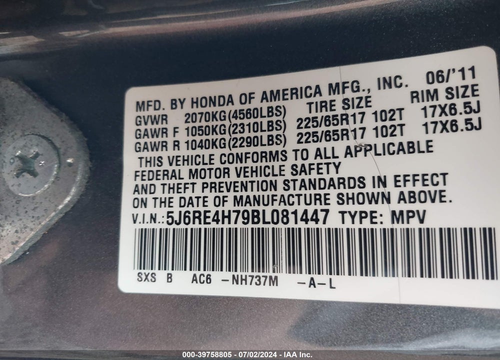 2011 HONDA CR-V EX-L VIN: 5J6RE4H79BL081447