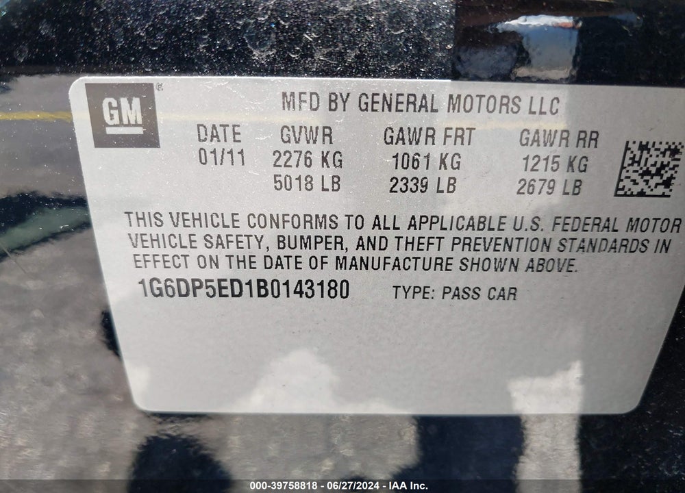 2011 CADILLAC CTS PREMIUM VIN: 1G6DP5ED1B0143180