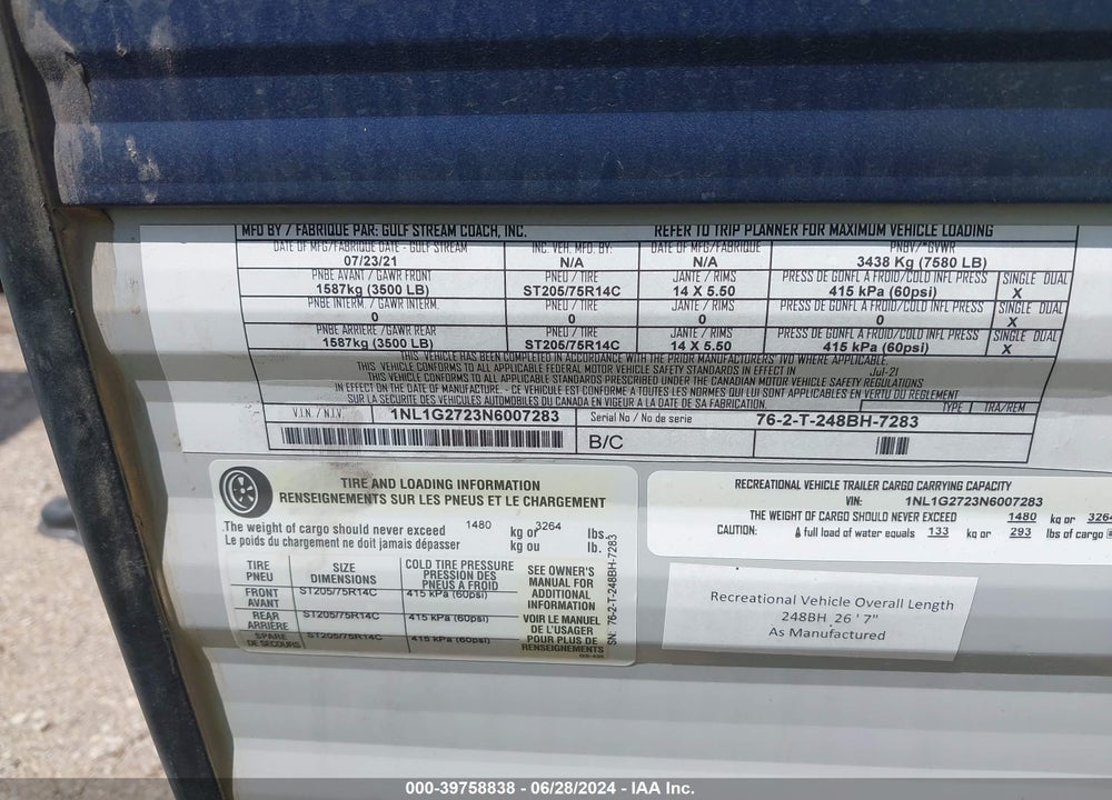 2022 GULFSTREAM KINGSPORT VIN: 1NL1G2723N6007283