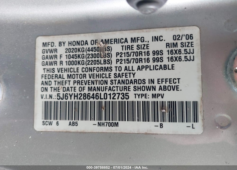 2006 HONDA ELEMENT VIN: 5J6YH28646L012735