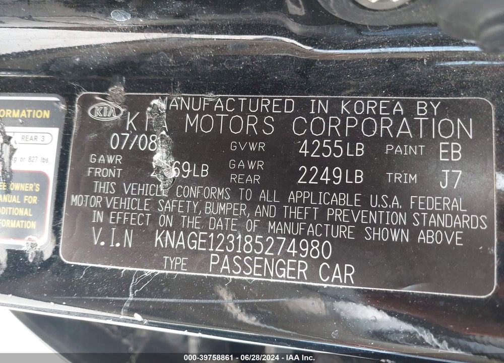 2008 KIA OPTIMA LX VIN: KNAGE123185274980