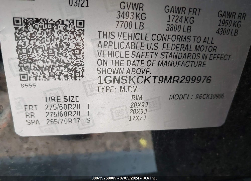 2021 CHEVROLET SUBURBAN 4WD LT VIN: 1GNSKCKT9MR299976