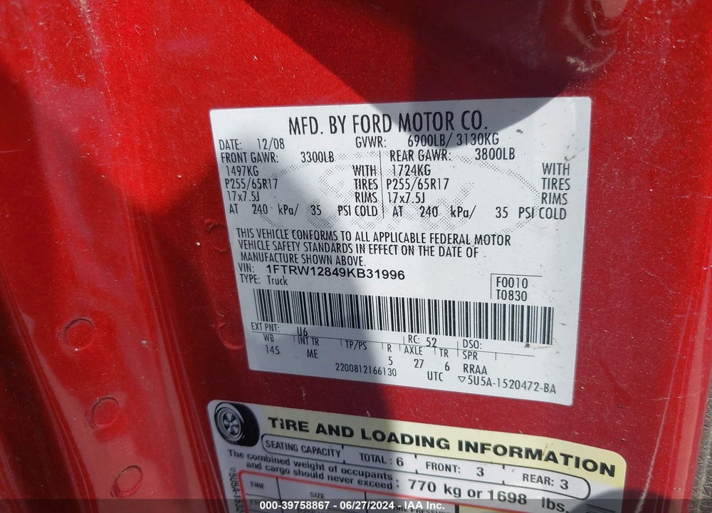 2009 FORD F-150 XL/XLT VIN: 1FTRW12849KB31996