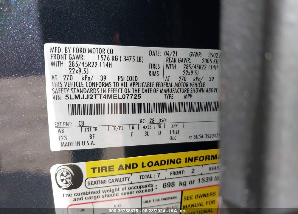2021 LINCOLN NAVIGATOR BLACK LABEL VIN: 5LMJJ2TT4MEL07725