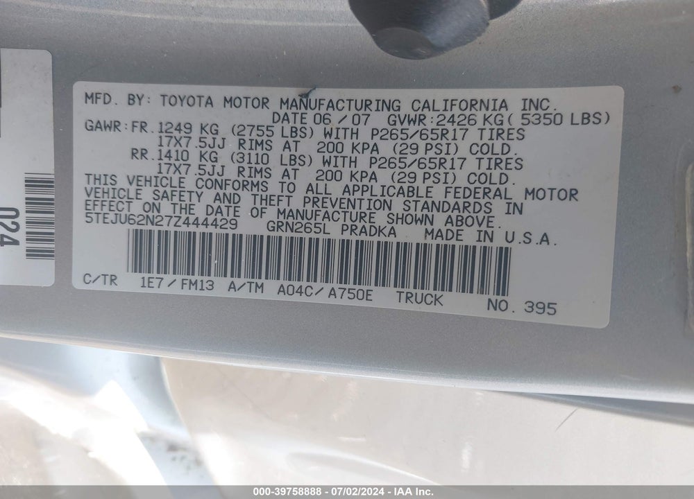 2007 TOYOTA TACOMA PRERUNNER V6 VIN: 5TEJU62N27Z444429