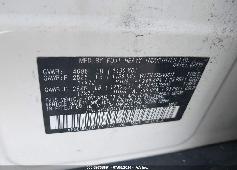2017 SUBARU OUTBACK 2.5I PREMIUM VIN: 4S4BSACCXH3218208