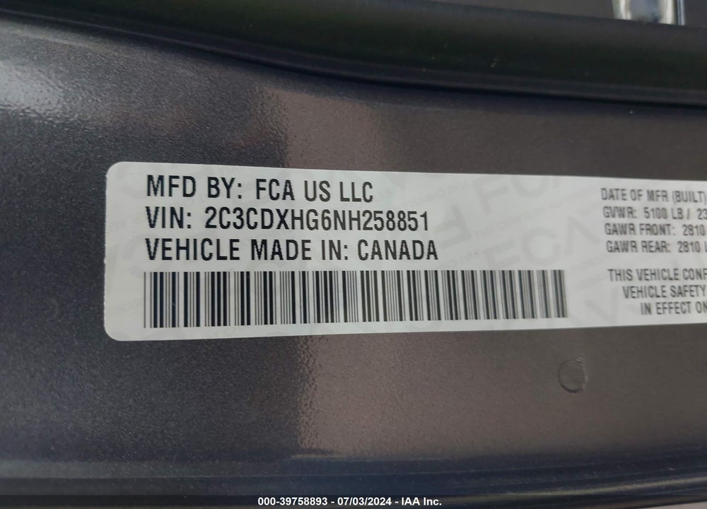 2022 DODGE CHARGER GT RWD VIN: 2C3CDXHG6NH258851