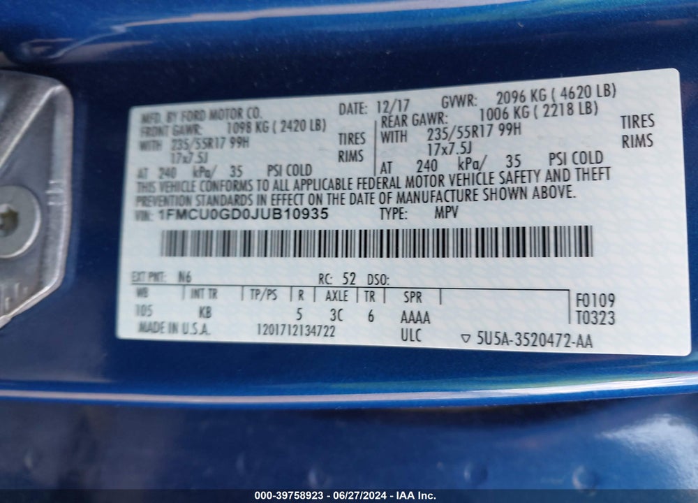 2018 FORD ESCAPE SE VIN: 1FMCU0GD0JUB10935