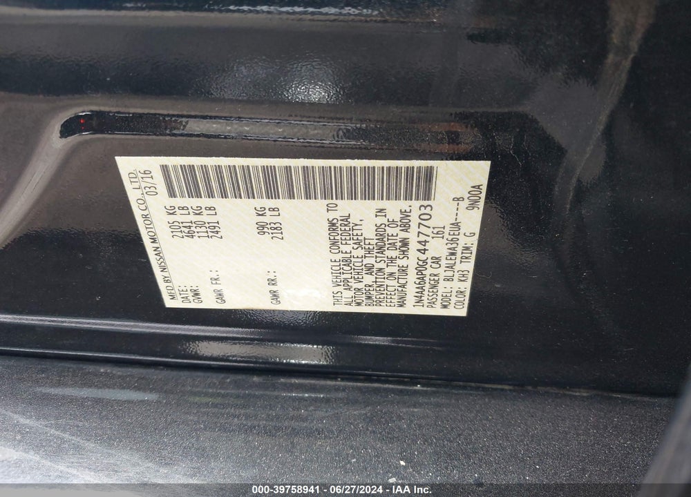 2016 NISSAN MAXIMA 3.5 SL VIN: 1N4AA6AP0GC447703
