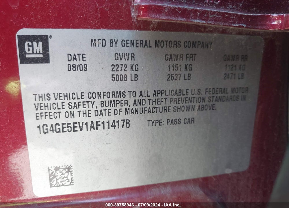 2010 BUICK LACROSSE CXS VIN: 1G4GE5EV1AF114178