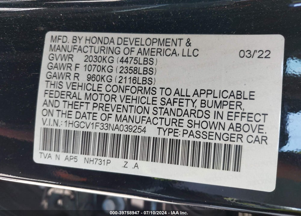 2022 HONDA ACCORD SPORT VIN: 1HGCV1F33NA039254