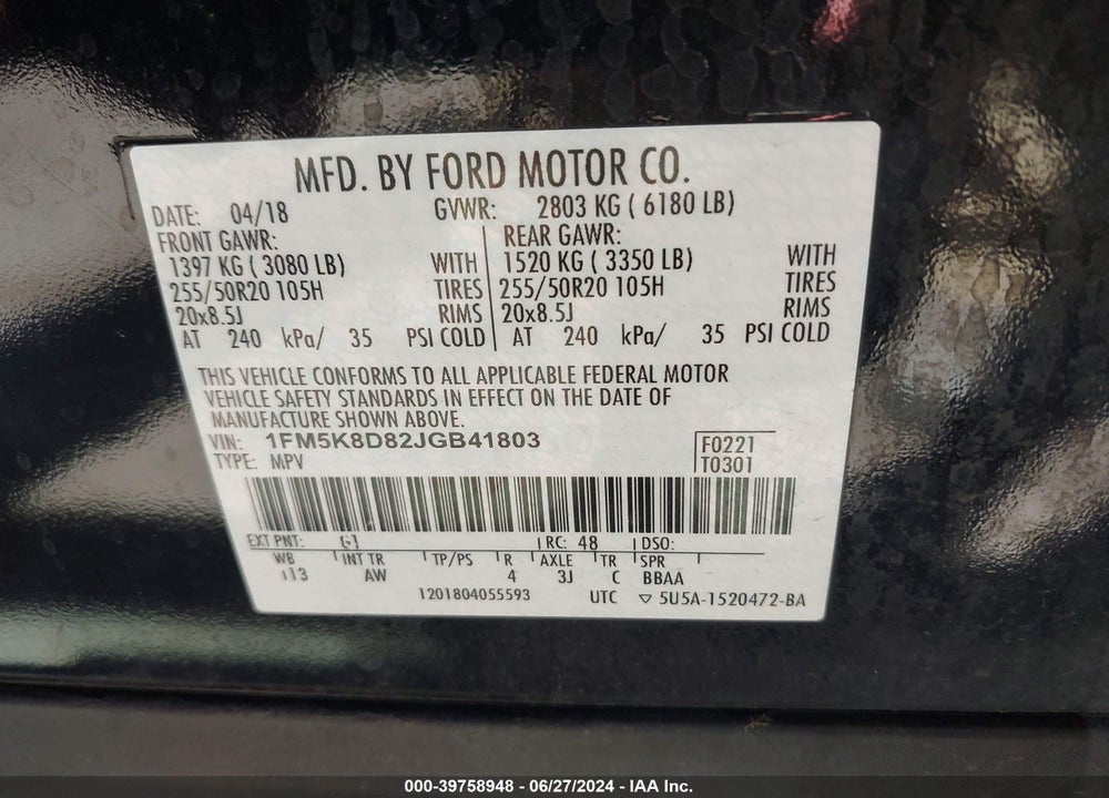 2018 FORD EXPLORER XLT VIN: 1FM5K8D82JGB41803