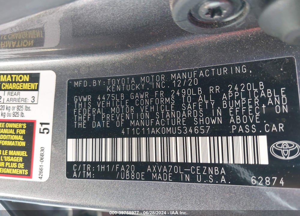 2021 TOYOTA CAMRY LE VIN: 4T1C11AK0MU534657