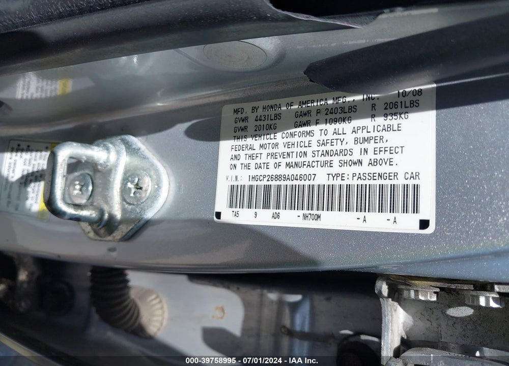 2009 HONDA ACCORD 2.4 EX-L VIN: 1HGCP26889A046007