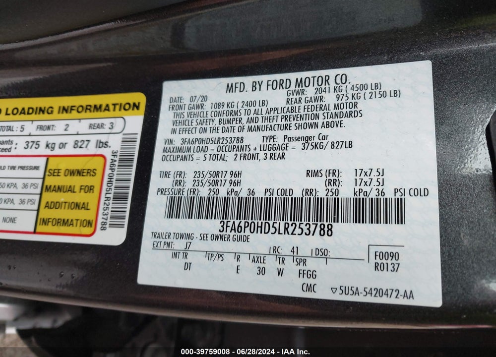 2020 FORD FUSION SE VIN: 3FA6P0HD5LR253788