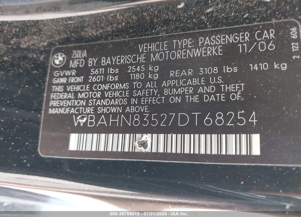 2007 BMW 750LI VIN: WBAHN83527DT68254