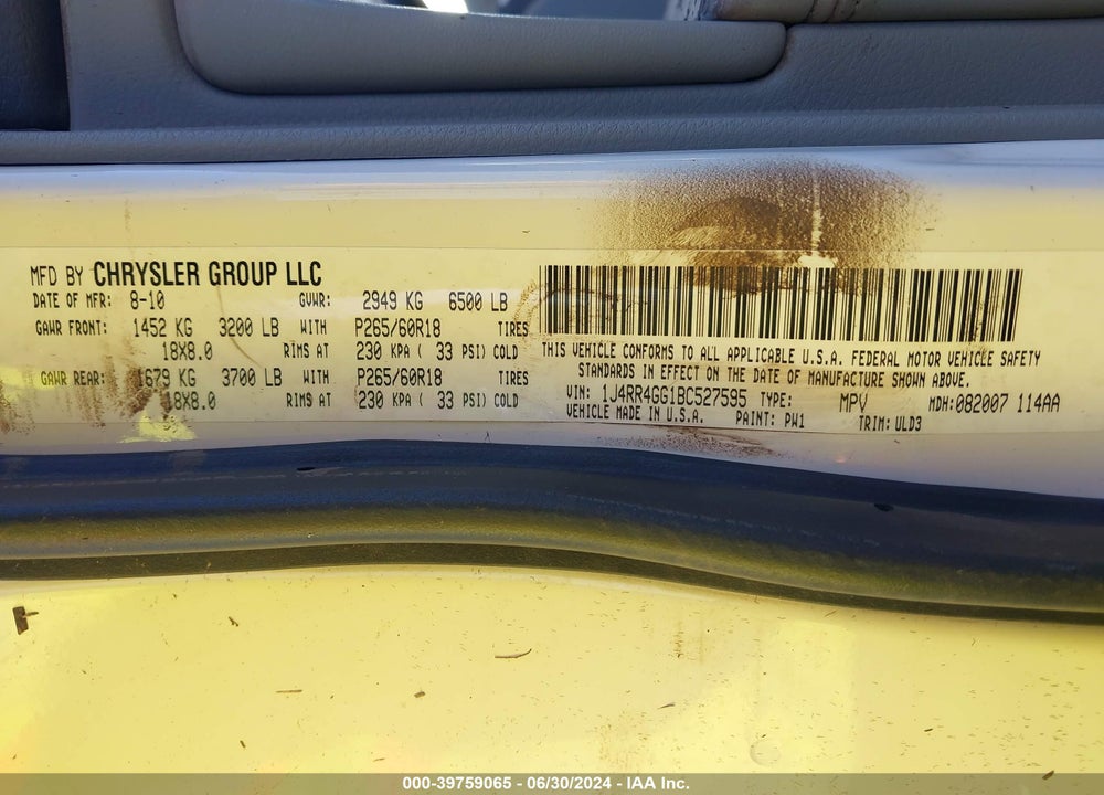 2011 CHEROKEE JEEP GRAND  LAREDO VIN: 1J4RR4GG1BC527595
